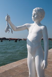 White Statue of Boy With Frog 